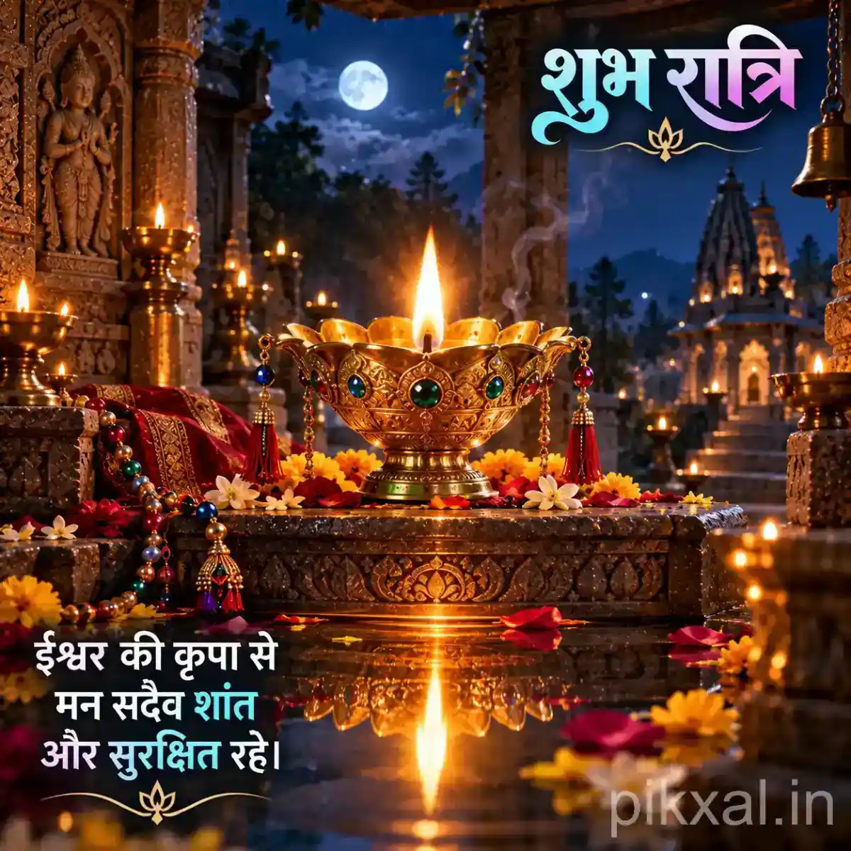 Glowing brass diya surrounded by colorful flowers and devotional offerings on a decorated temple altar beneath a moonlit Himalayan sky