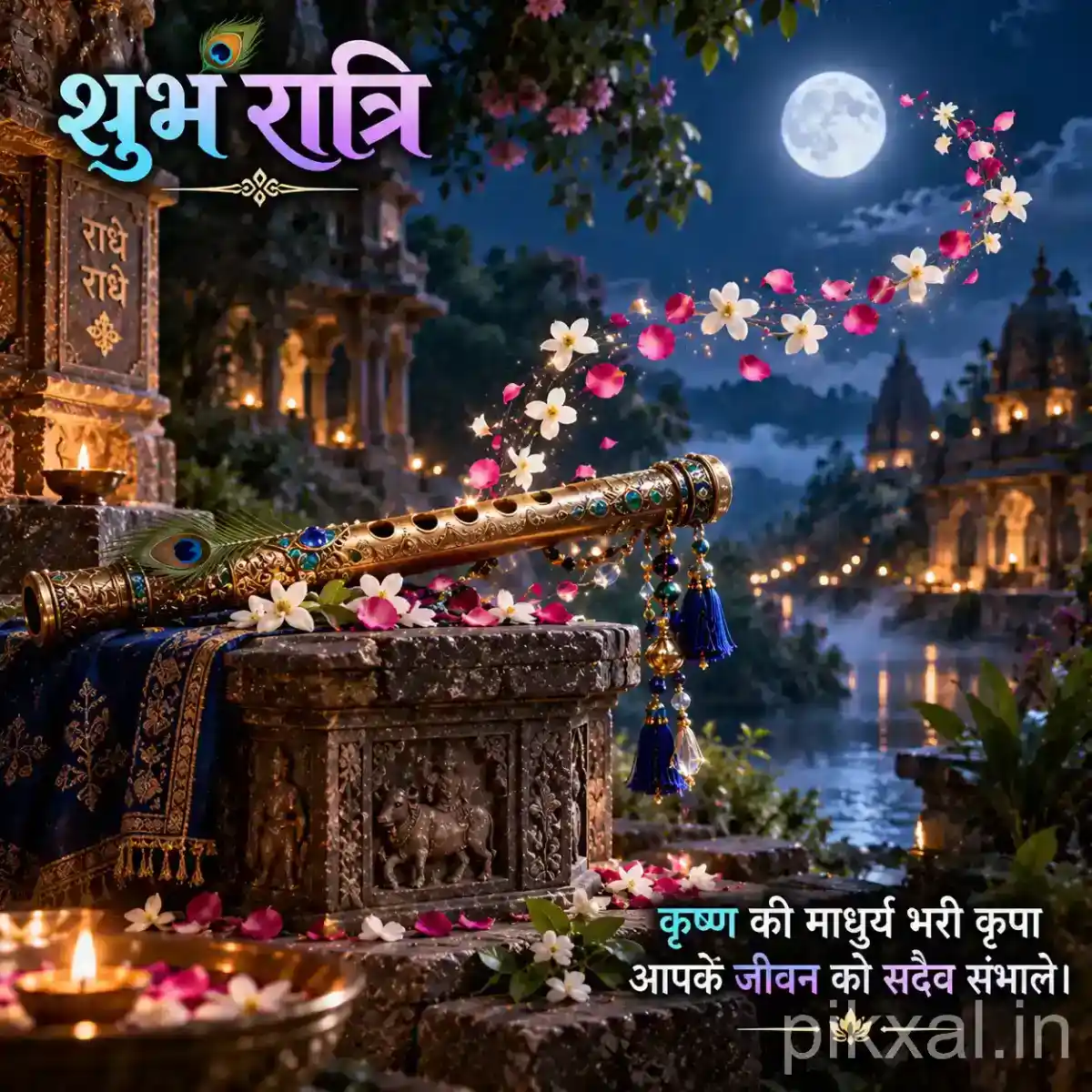 Krishna flute decorated with a peacock feather, colorful flowers, glowing diya, and floating flower petals beside a peaceful mountain temple