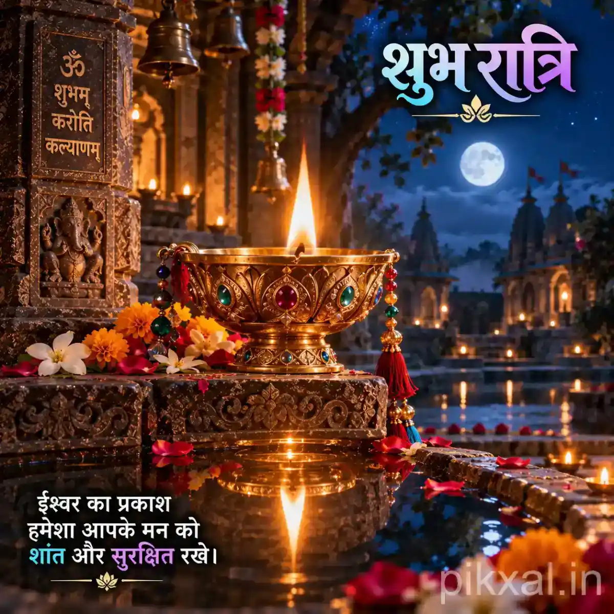 Glowing brass diya surrounded by marigold flowers and devotional offerings beside a decorated Krishna flute in a serene temple setting