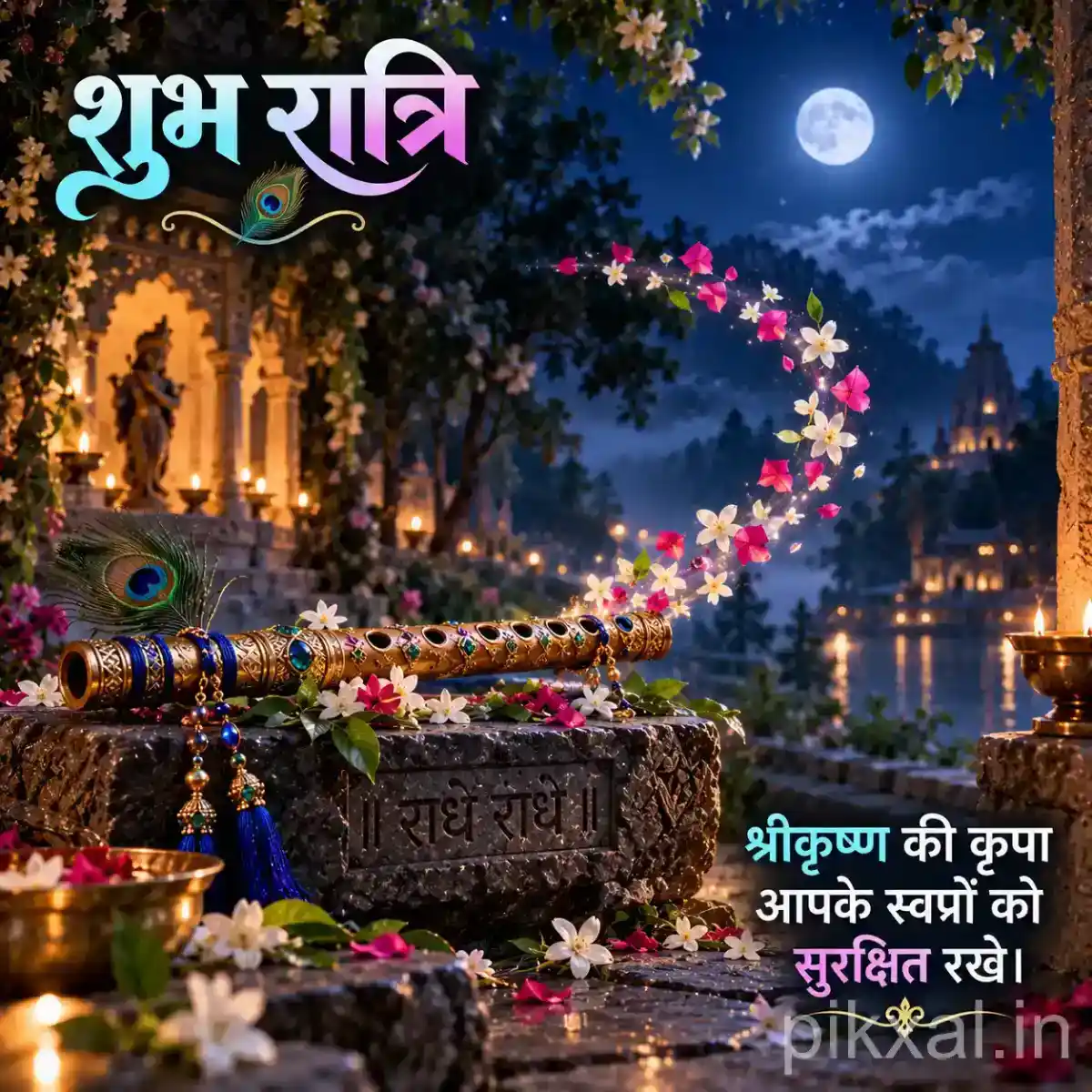 Krishna flute decorated with a vibrant peacock feather and colorful flowers, surrounded by glowing diyas and a peaceful moonlit Himalayan temple
