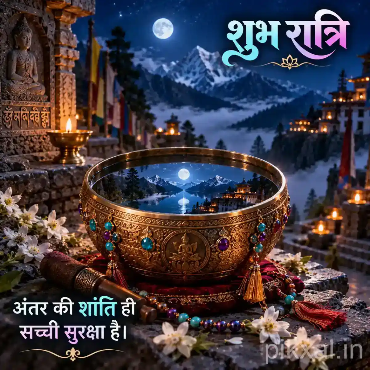 Spiritual Good Night Images with a sacred water bowl, moonlit Himalayan temple and peaceful night scene