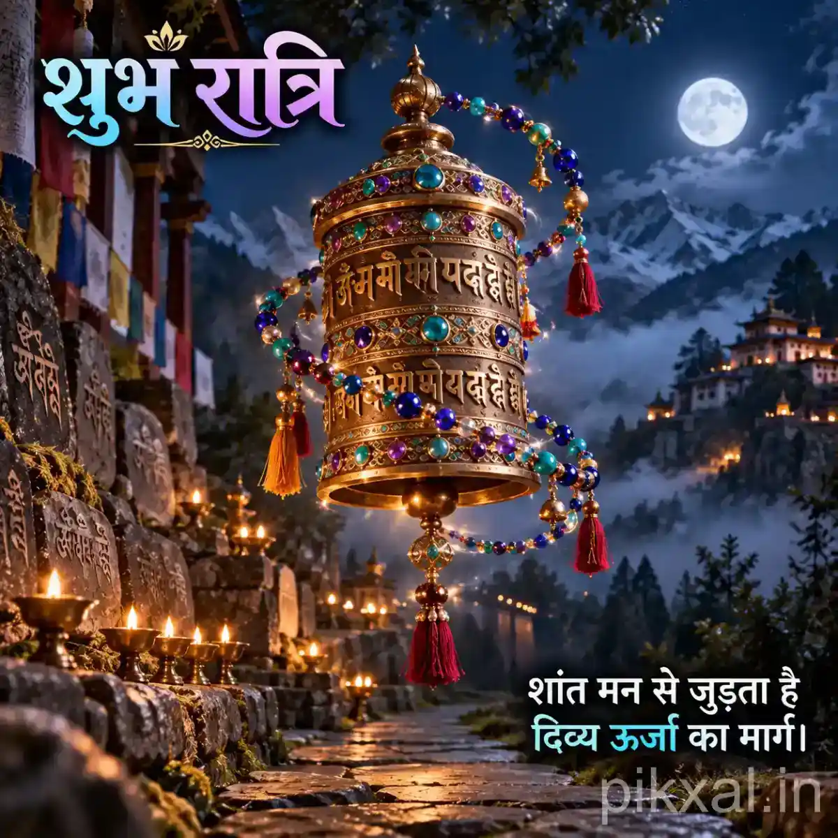 Ornate temple bell decorated with colorful prayer ribbons under a moonlit mountain sky