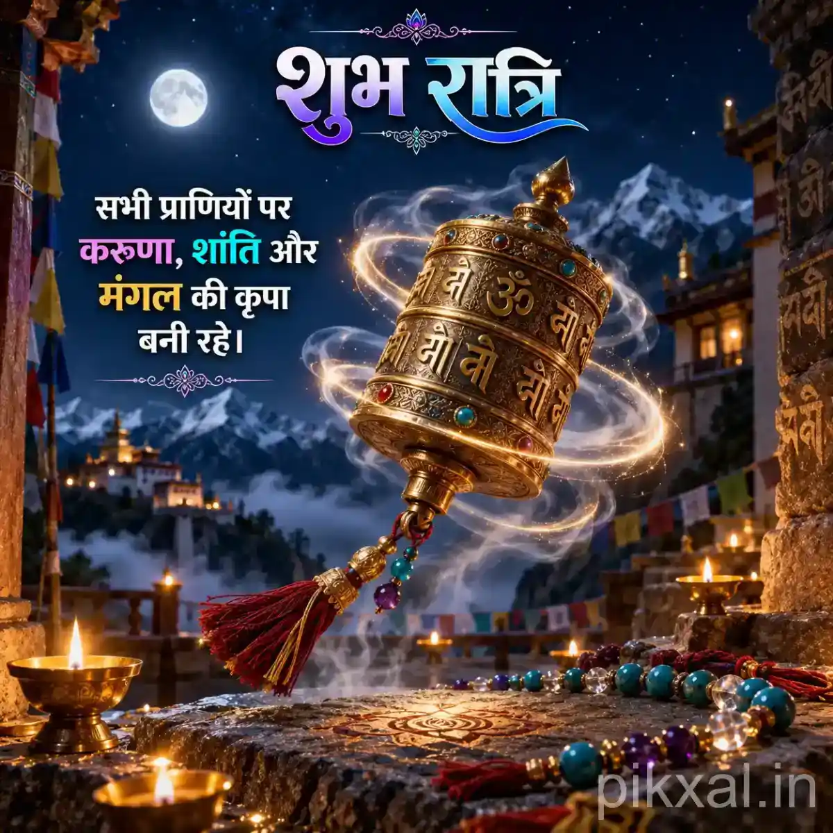 Large golden temple bell surrounded by glowing spiritual light and decorative prayer elements