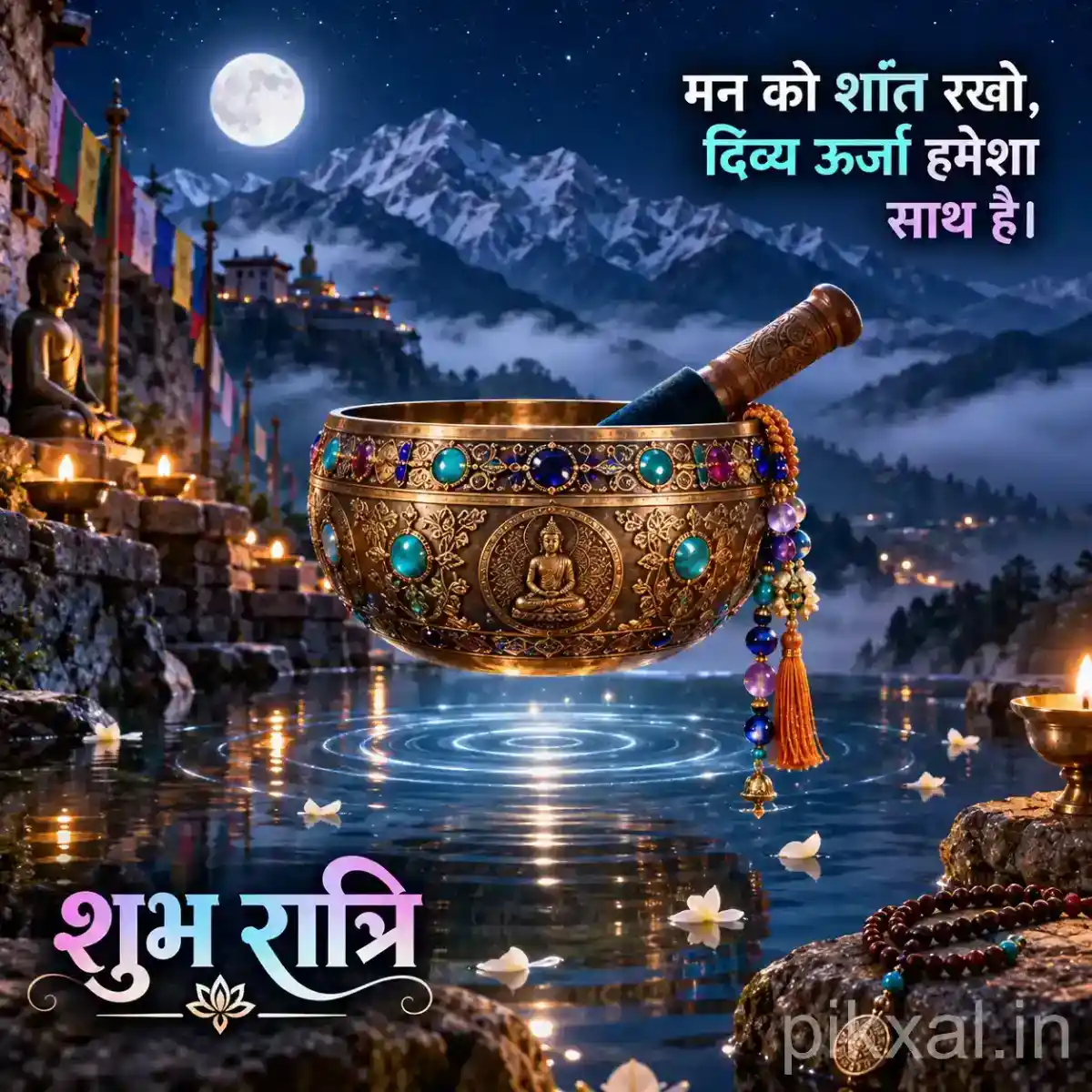 Decorative brass meditation bowl resting beside a mountain temple lake under the full moon
