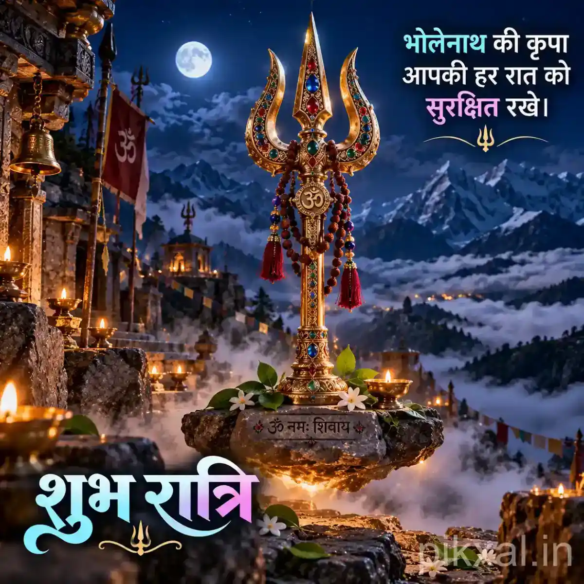 Sacred trishul shrine overlooking snow-covered mountains with temple lamps glowing at night