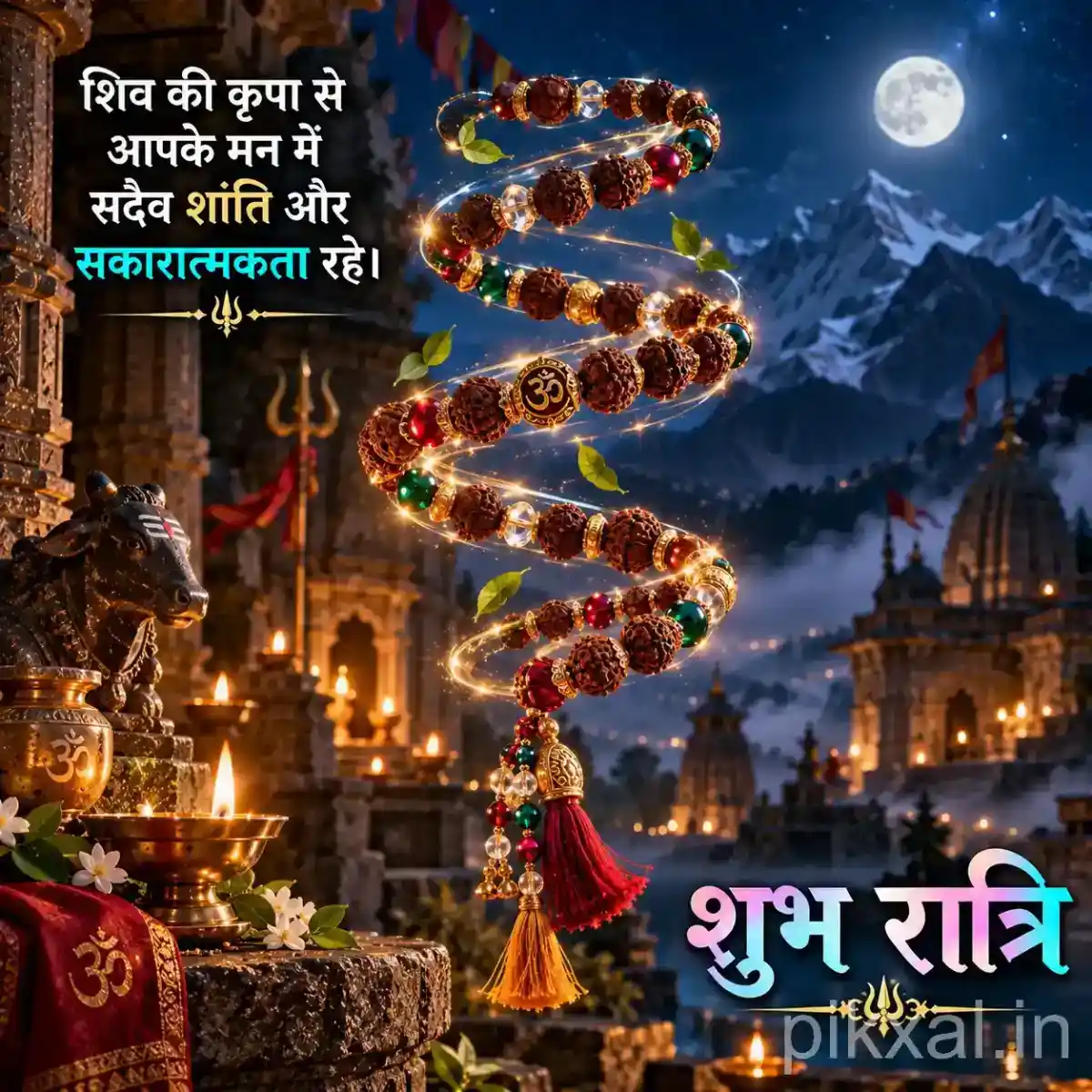 Colorful prayer beads spiraling around a sacred temple ornament in a moonlit devotional setting