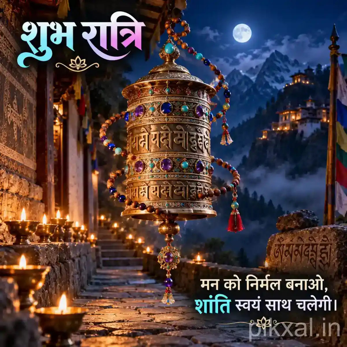 Ornate golden temple bell with red tassel and prayer decorations against a moonlit night