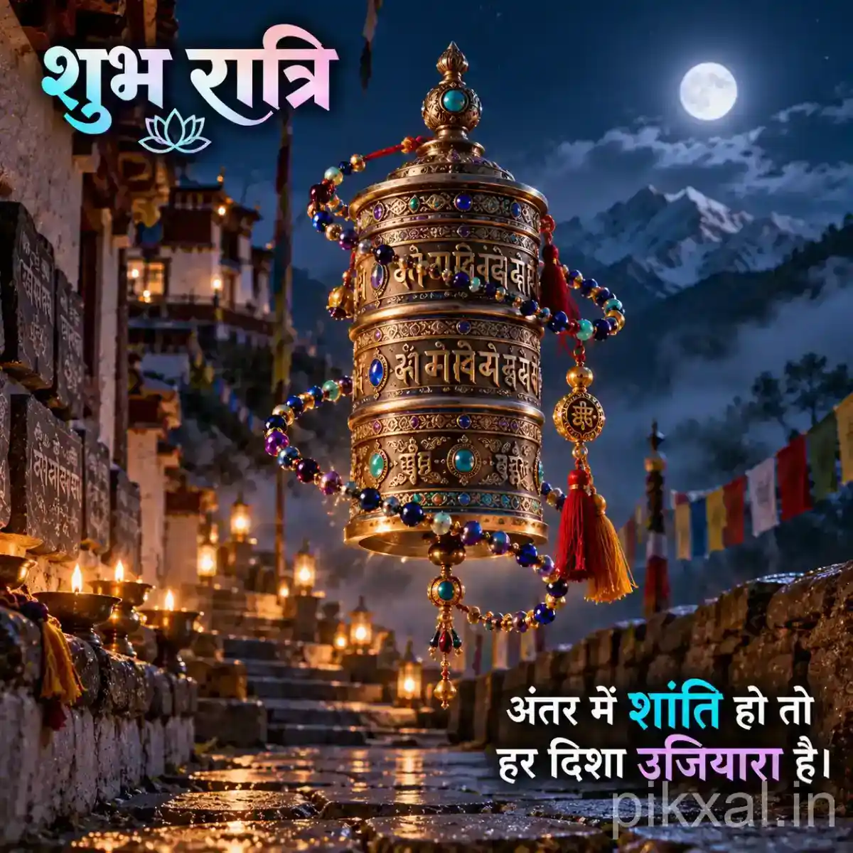 Large cylindrical prayer bell with colorful tassels and glowing temple lamps at night