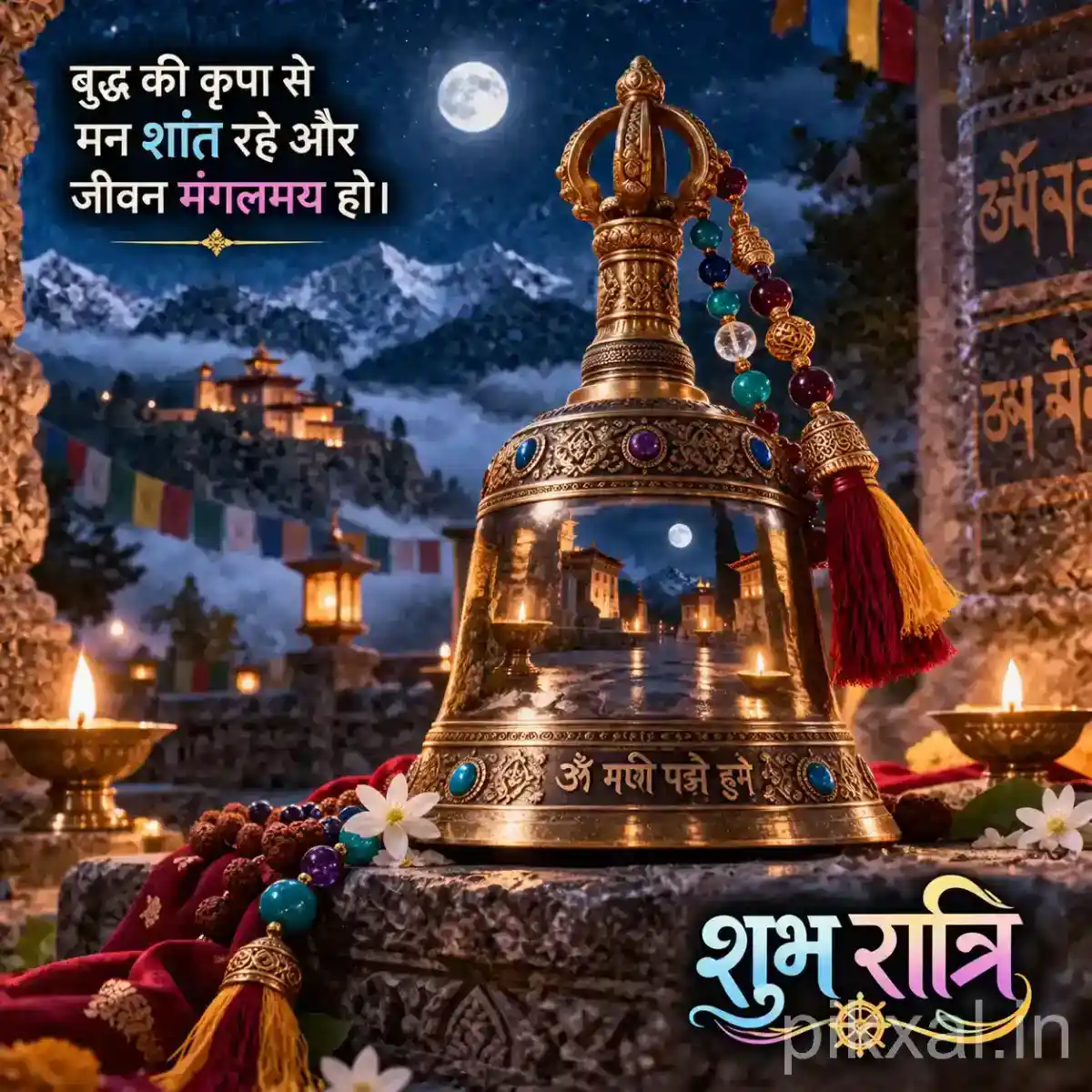 Sacred temple bell surrounded by rudraksha beads, flowers and warm evening lamps