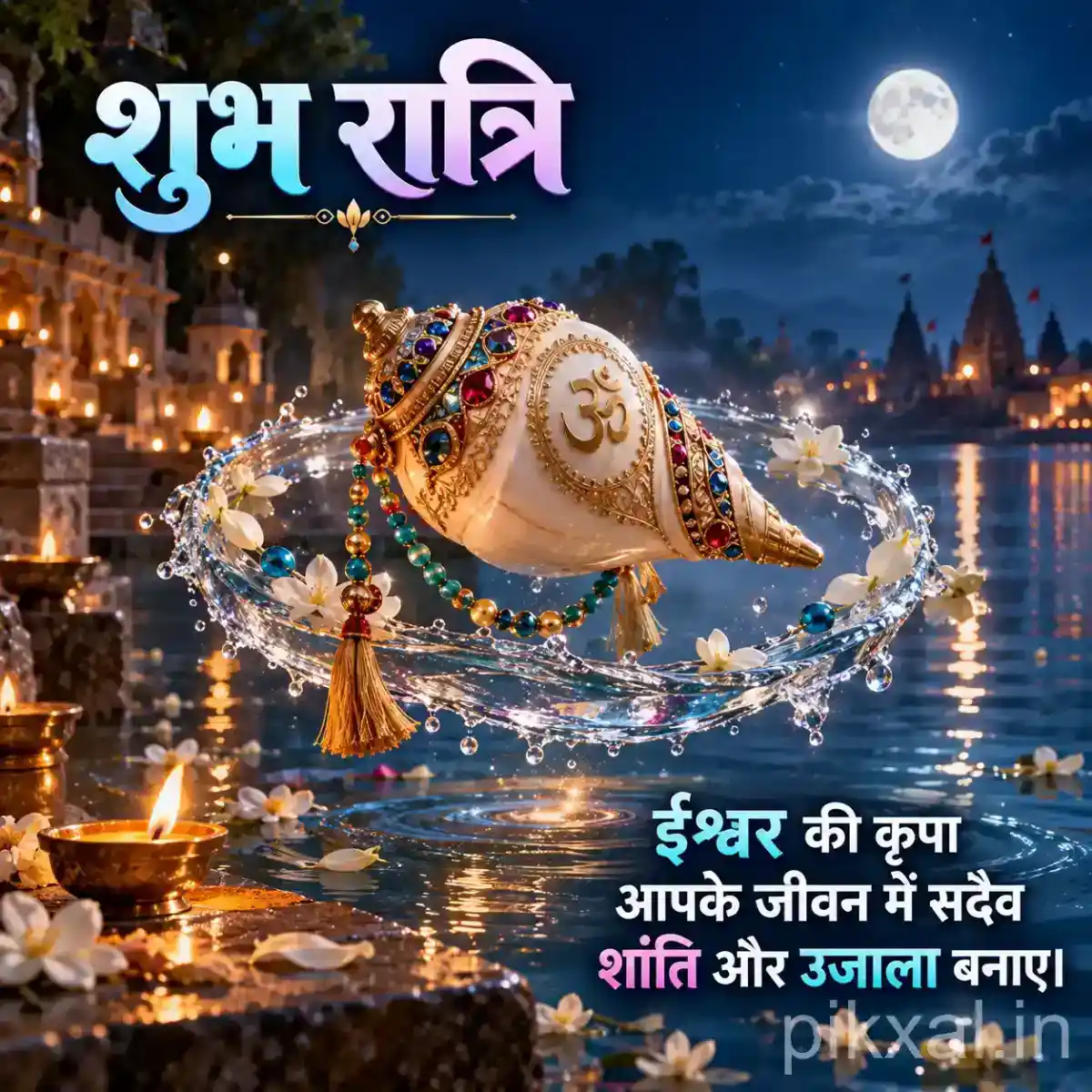 Decorative conch shell floating above sparkling water with glowing temple lights at night