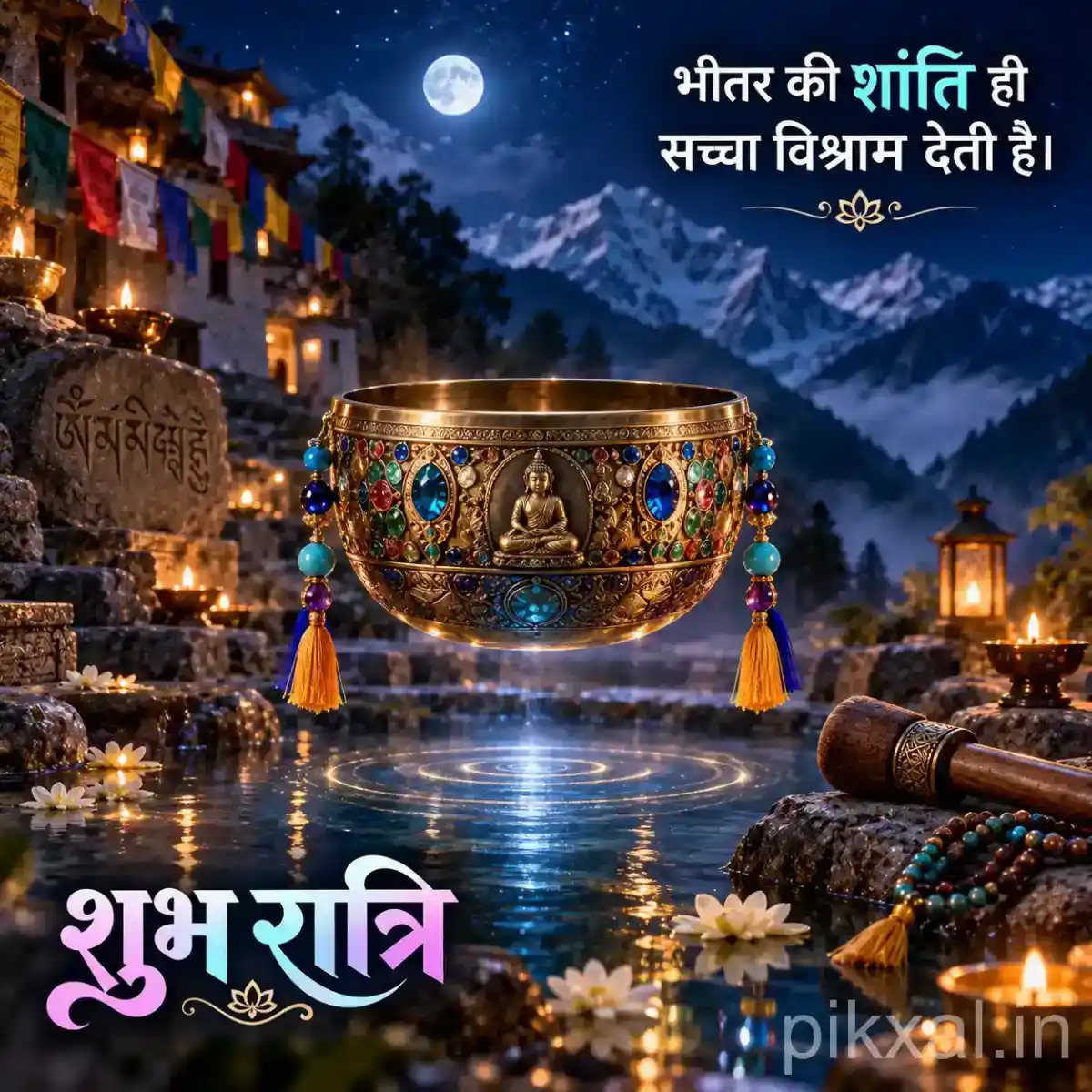 Ornate brass water bowl with a wooden mallet beside a tranquil mountain temple lake