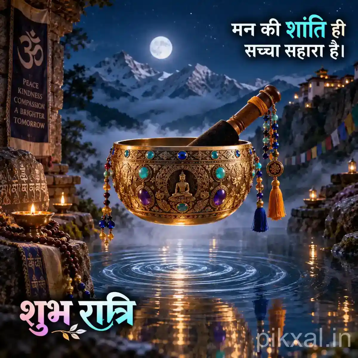 Decorative bronze singing bowl with wooden mallet placed beside a moonlit Himalayan temple