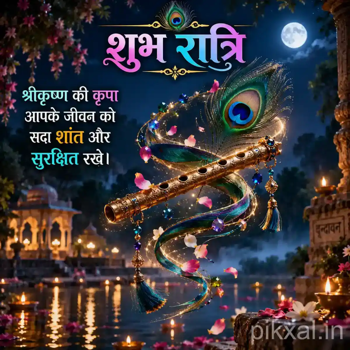 Krishna flute adorned with a peacock feather and colorful flowers in a moonlit temple setting