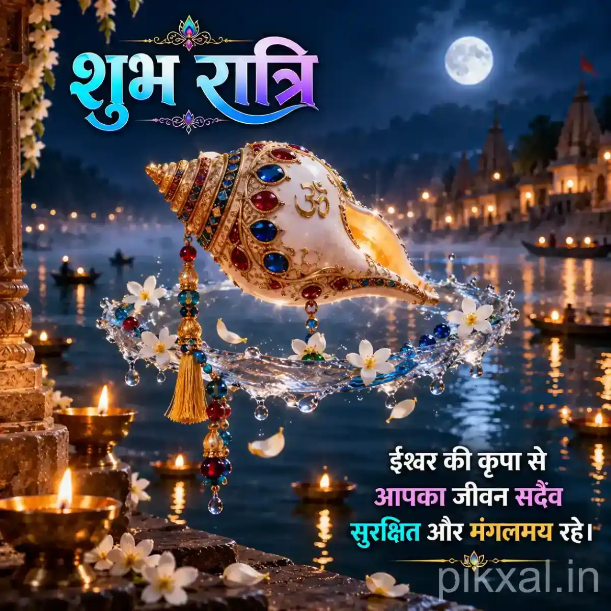 White decorative conch shell floating over shimmering water with flowers and temple lights