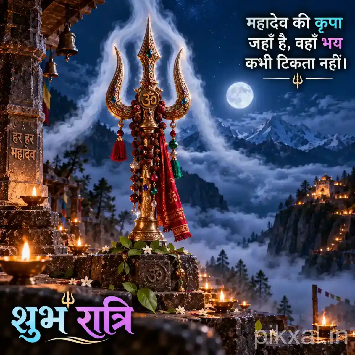 Sacred trishul decorated with rudraksha beads overlooking a peaceful moonlit mountain landscape