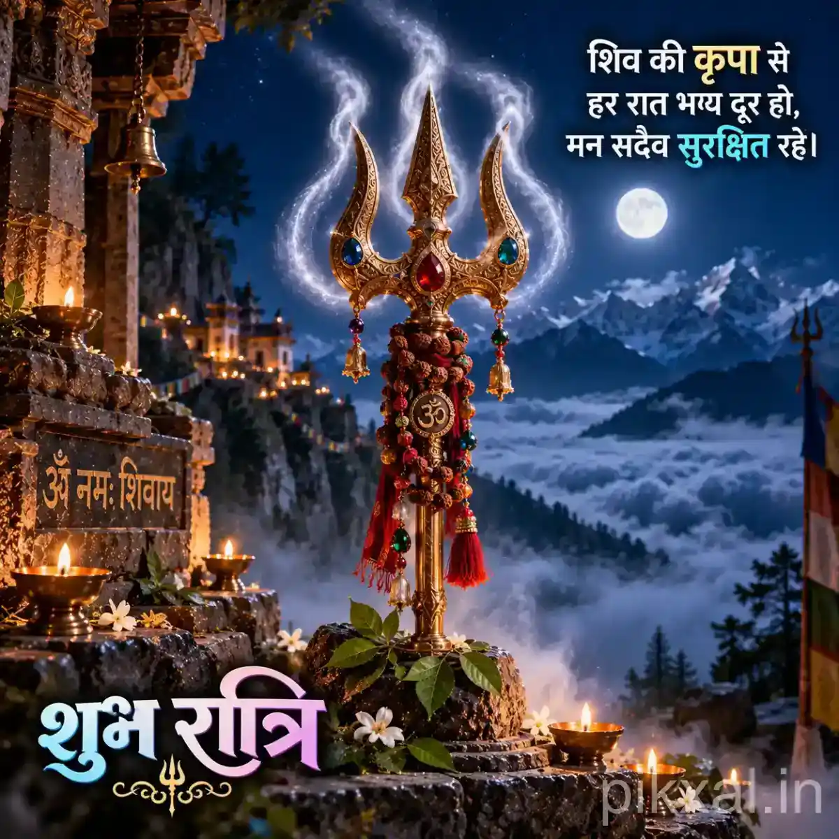 Trishul shrine with rudraksha beads and temple lamps against a serene Himalayan night sky