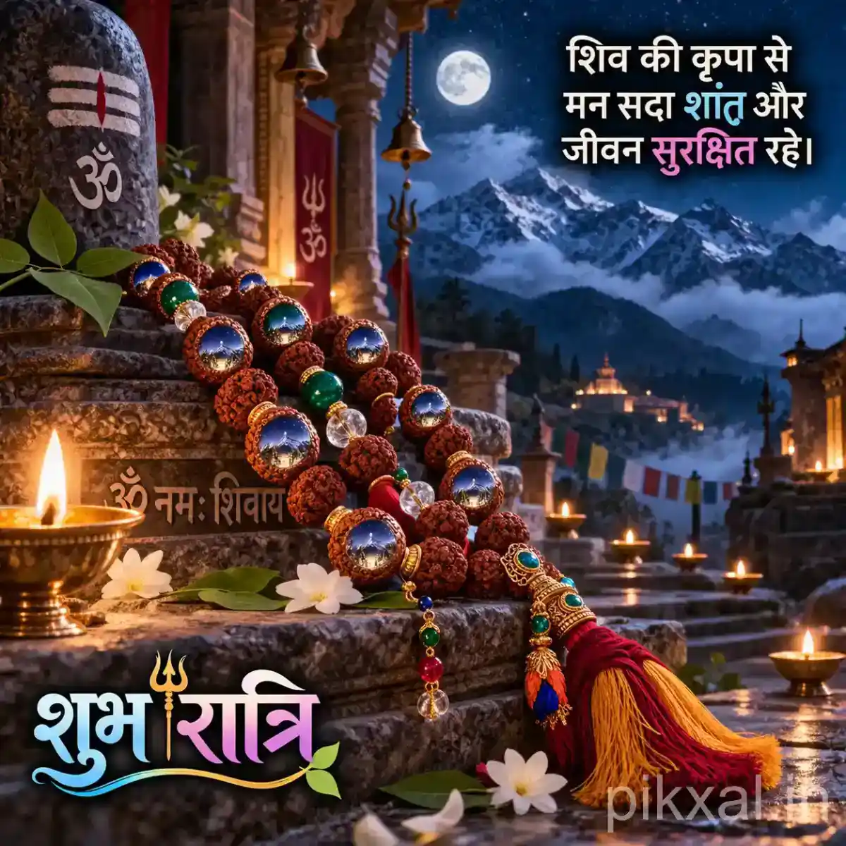 Rudraksha mala arranged beside a sacred temple pillar with flowers and warm oil lamps