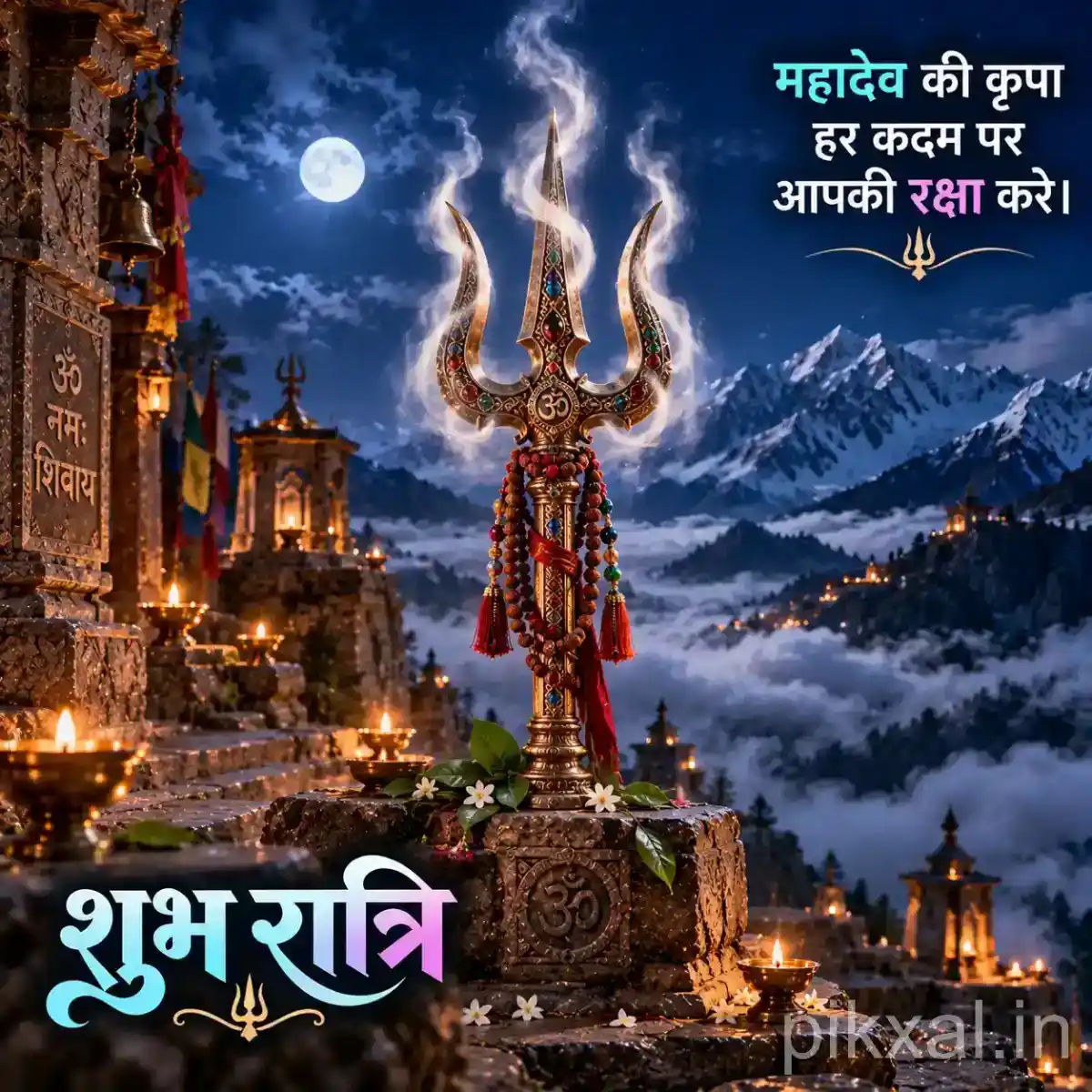 Sacred trishul with glowing spiritual light overlooking snow-covered mountains at night