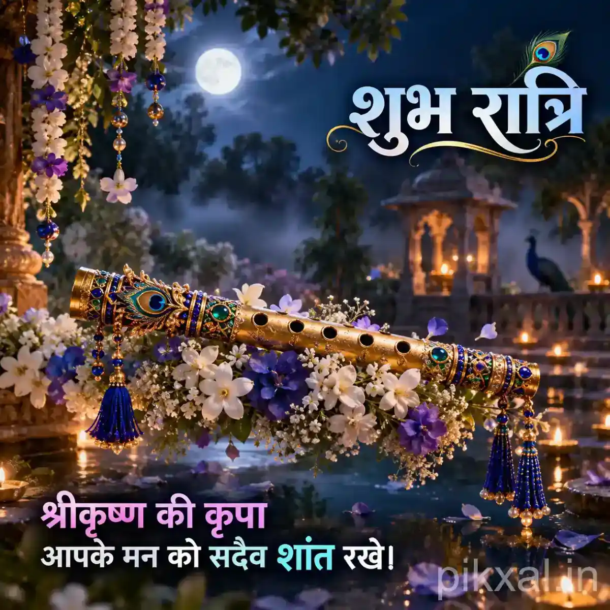 Decorative flute surrounded by white flowers and colorful blossoms in a moonlit temple courtyard