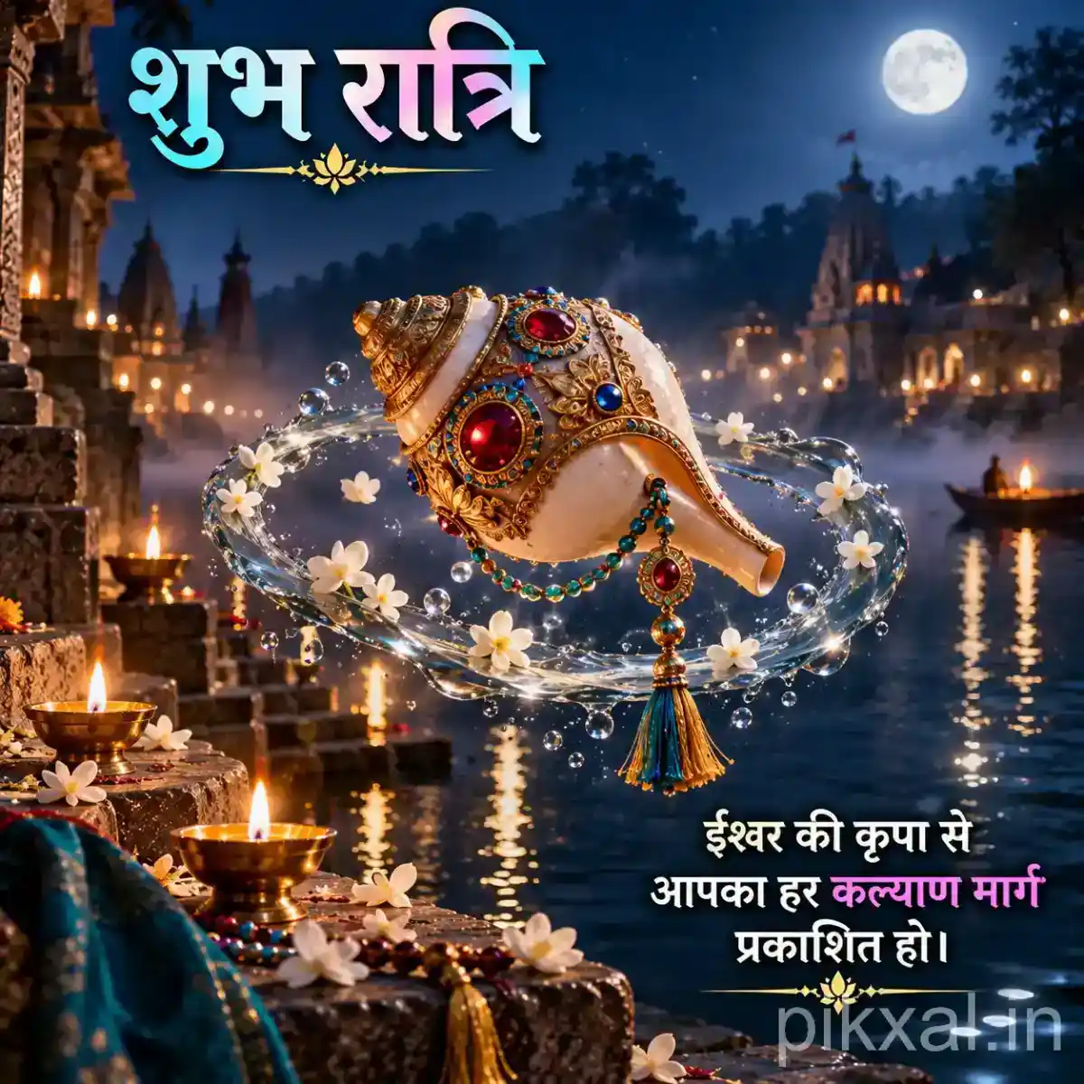 White conch shell floating above sparkling water with flowers and illuminated temple architecture