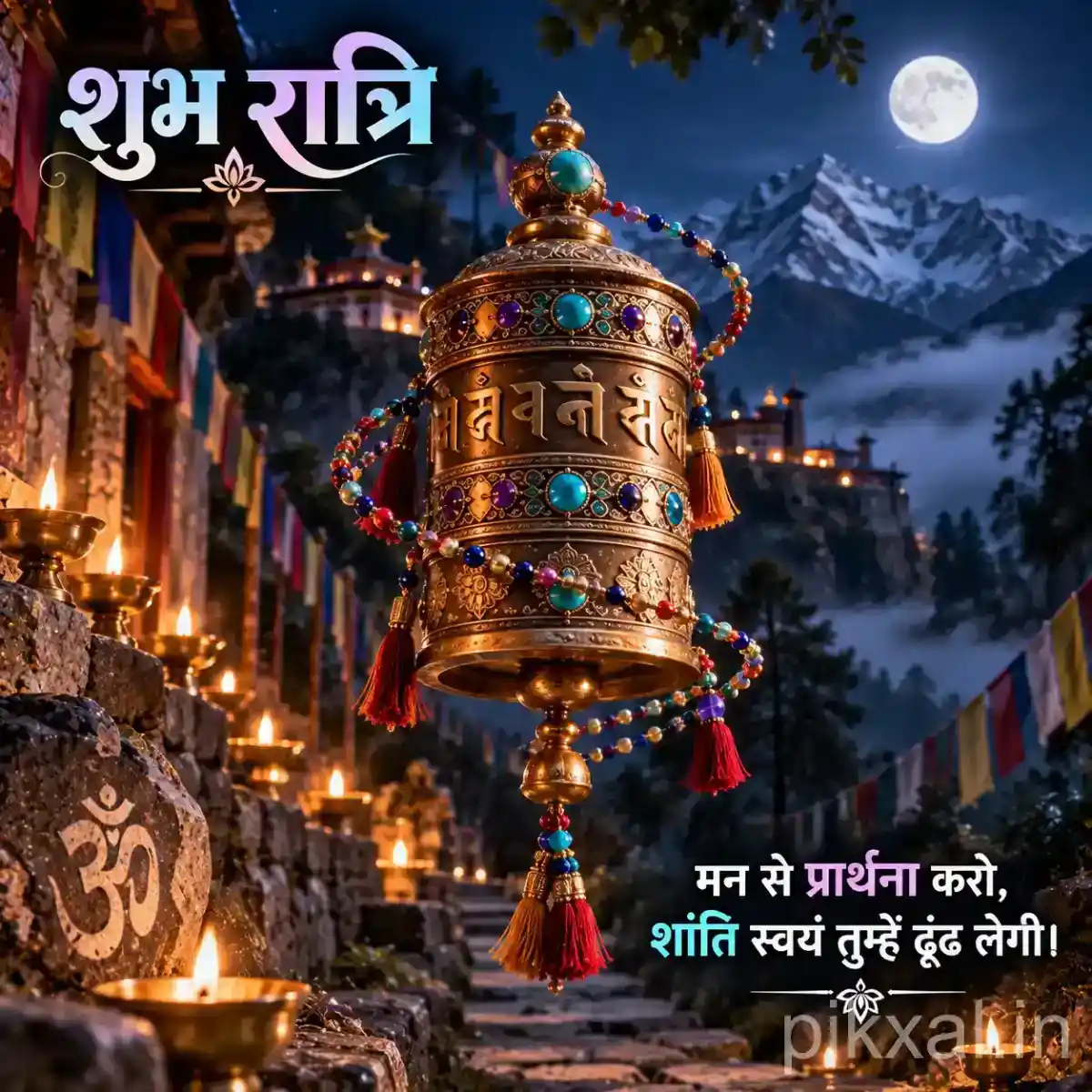 Spiritual Good Night Images featuring an ornate hanging prayer bell, rudraksha beads and moonlit temple scenery