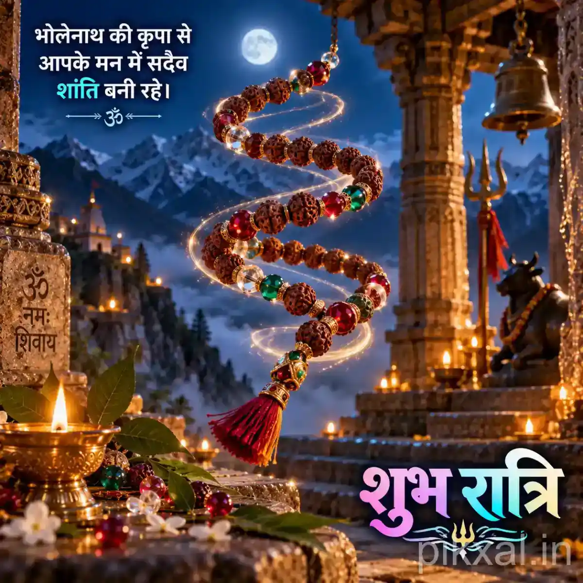 Rudraksha prayer beads spiraling around a sacred temple pillar with glowing lamps and moonlit mountains