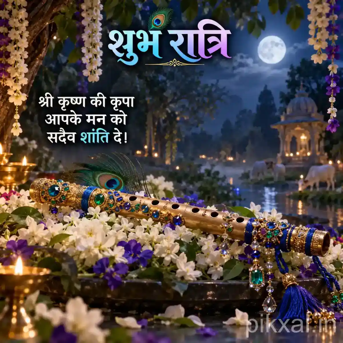 Traditional Krishna flute decorated with peacock feathers and white flowers in a peaceful moonlit temple setting