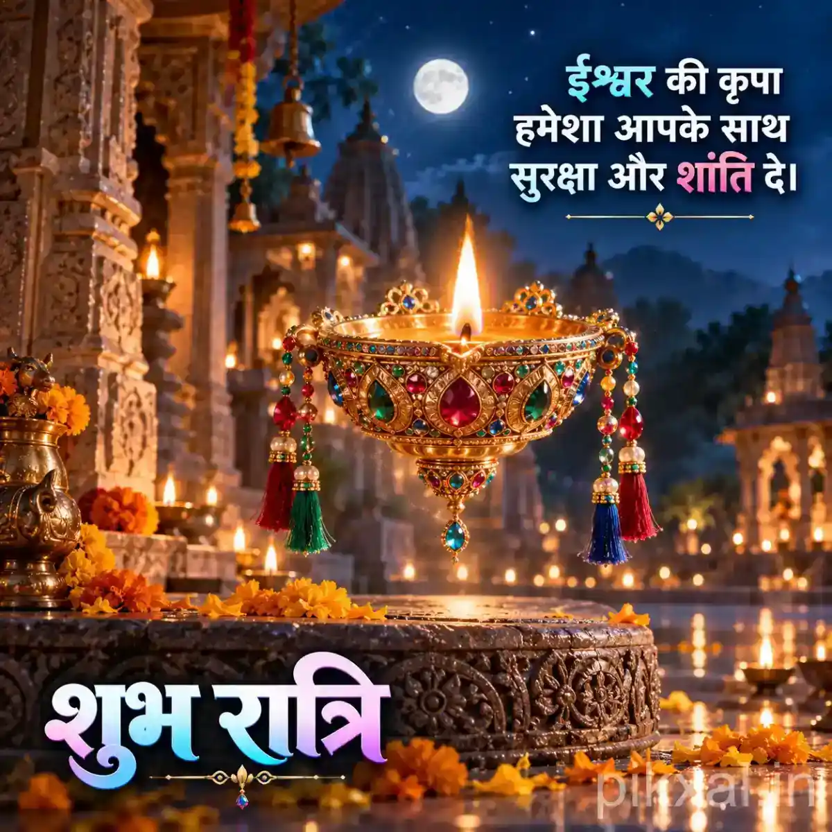 Ornate brass diya decorated with colorful beads and flowers on a temple altar at night