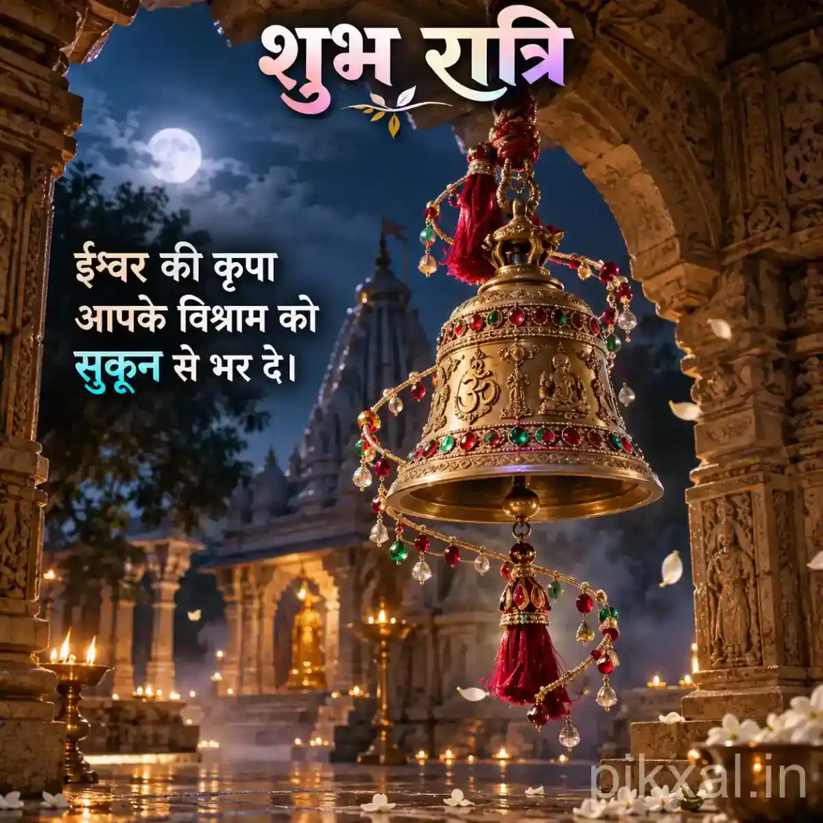 Large golden temple bell hanging above a flower-filled shrine with warm oil lamps