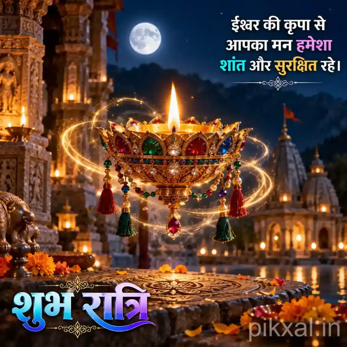 Decorative brass diya surrounded by flowers and colorful hanging ornaments in a glowing temple courtyard