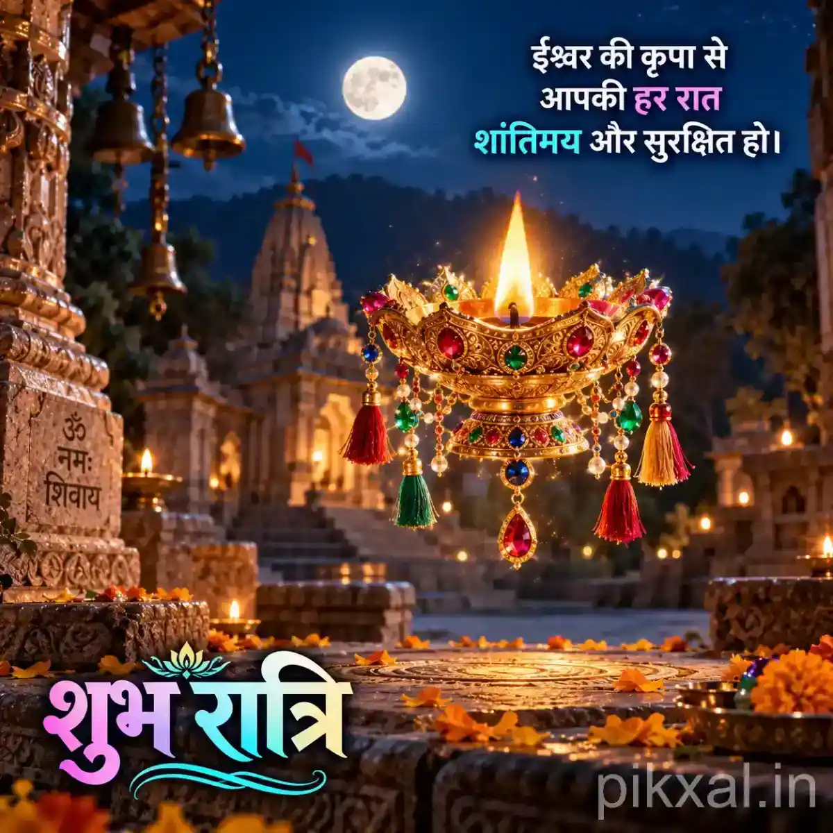 Festive oil lamp altar with floral decorations and illuminated temple architecture under the moonlight