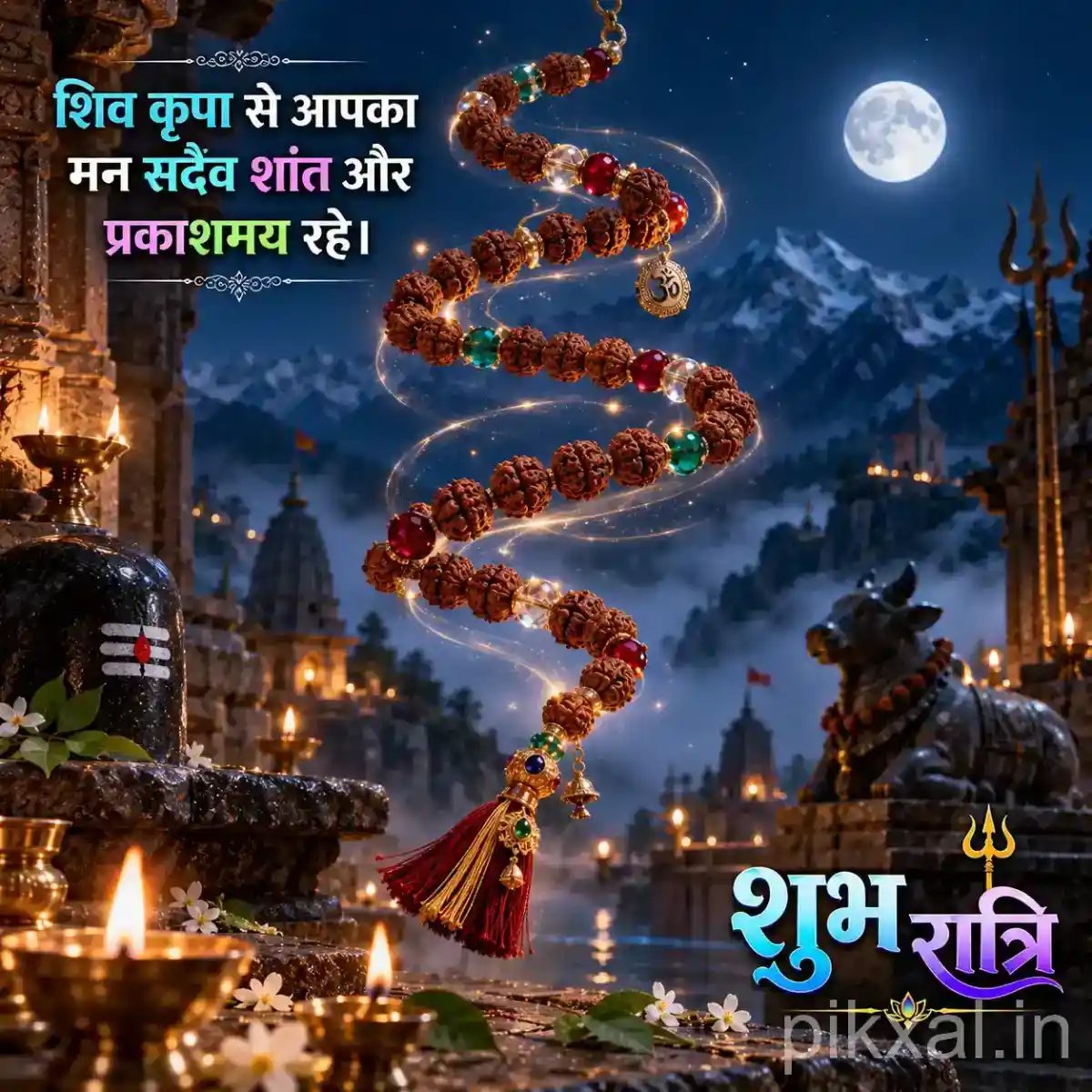 Rudraksha beads spiraling around a sacred temple pillar with oil lamps and a Himalayan night backdrop