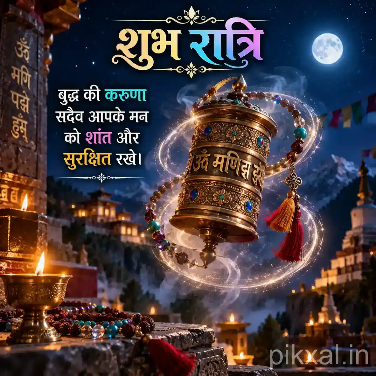 Ornate temple bell surrounded by swirling spiritual light, prayer beads and moonlit mountain scenery
