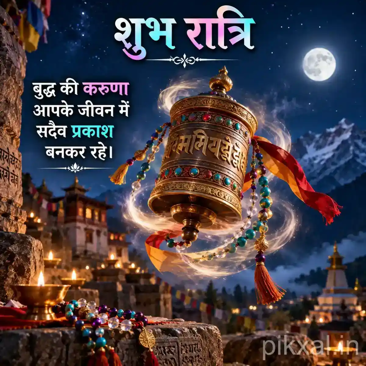 Floating decorated temple bell with red tassels, glowing lamps and a peaceful mountain temple backdrop