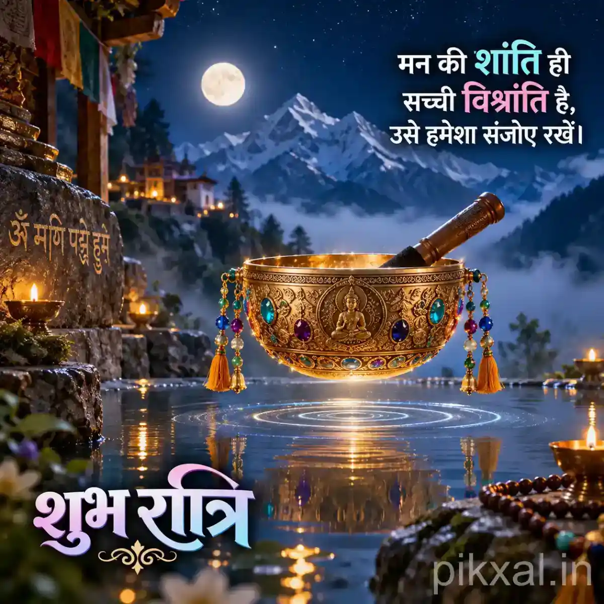 Decorative brass singing bowl with wooden mallet floating above calm water beside a moonlit temple