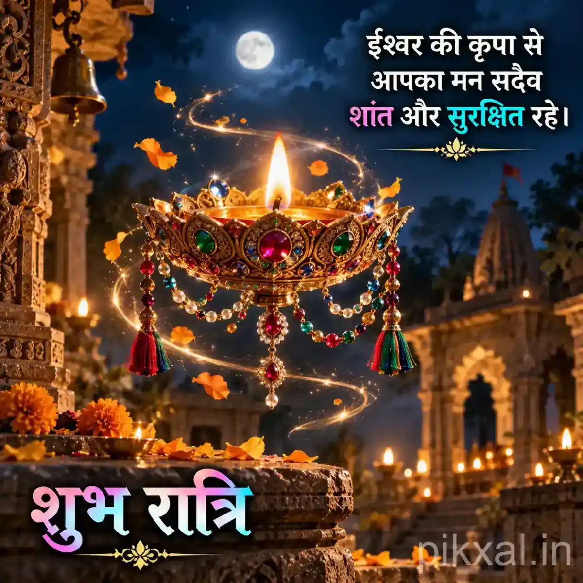 Ornate oil lamp decorated with flowers and colorful hanging ornaments in a peaceful temple courtyard
