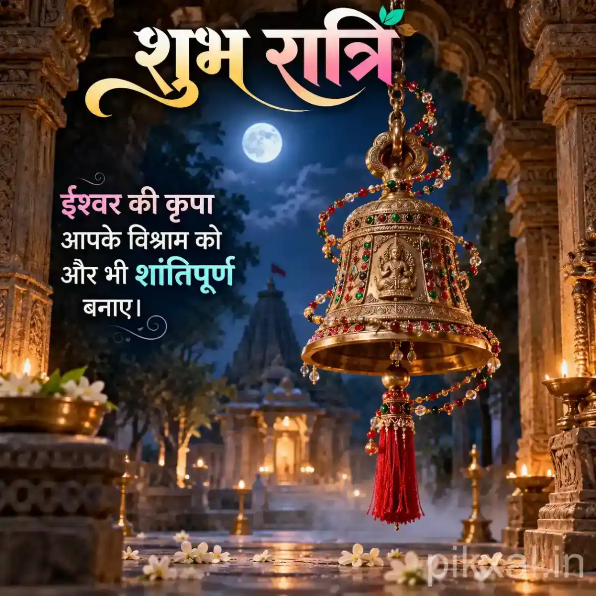 Large cylindrical temple bell with red tassel surrounded by flowers and glowing devotional lamps