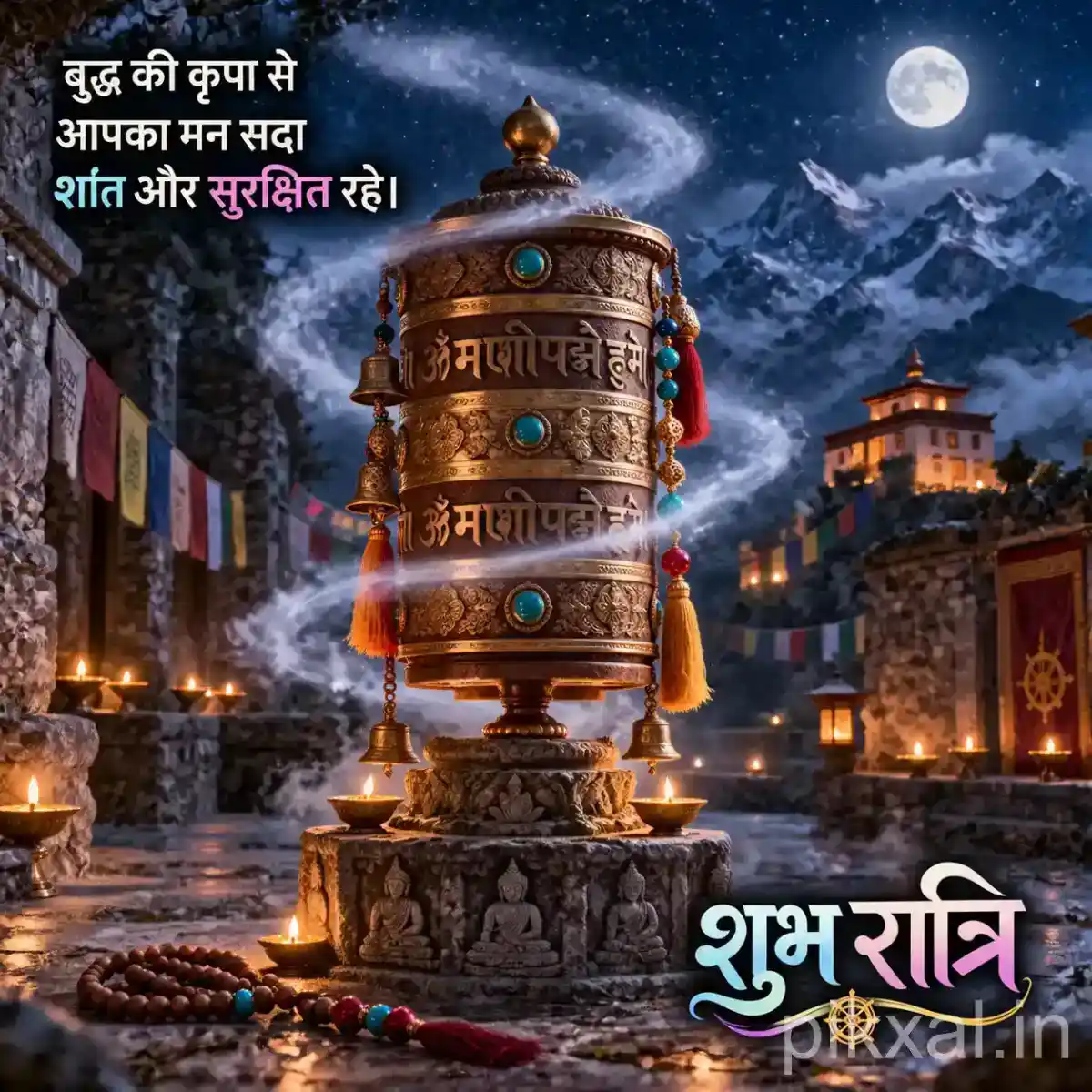 Sacred hanging prayer bell with colorful decorations and incense smoke against a moonlit Himalayan temple
