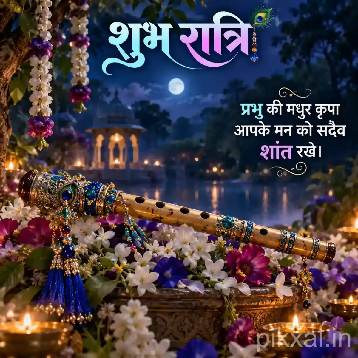 Krishna flute adorned with peacock feathers and white flowers beside a beautifully lit temple at night