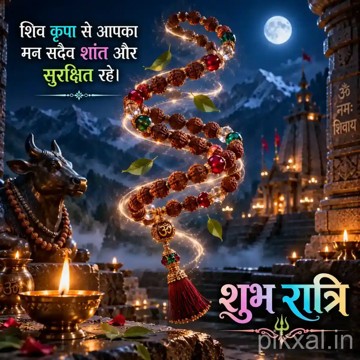 Rudraksha prayer beads spiraling around a sacred temple structure with moonlit mountains and oil lamps
