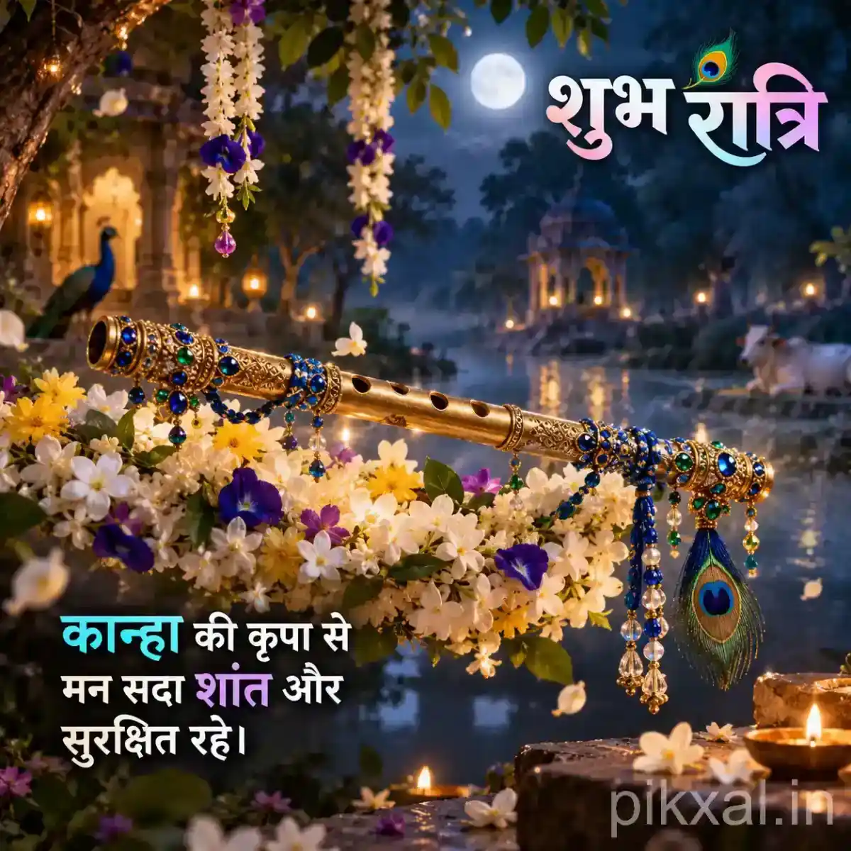 Traditional decorated flute surrounded by white flowers, peacock feathers and glowing temple lights