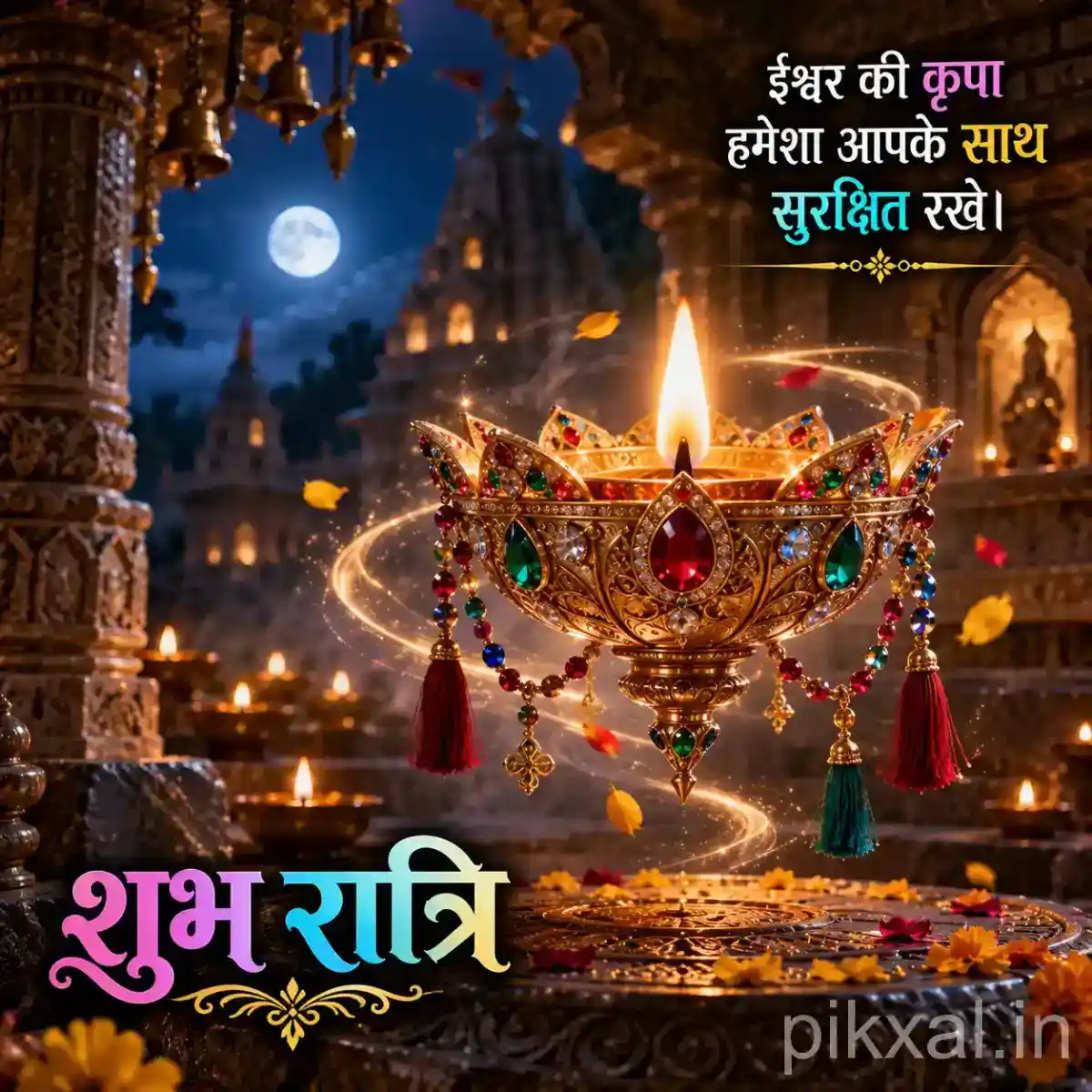 Ornate brass diya surrounded by marigold flowers and colorful hanging decorations in a moonlit temple
