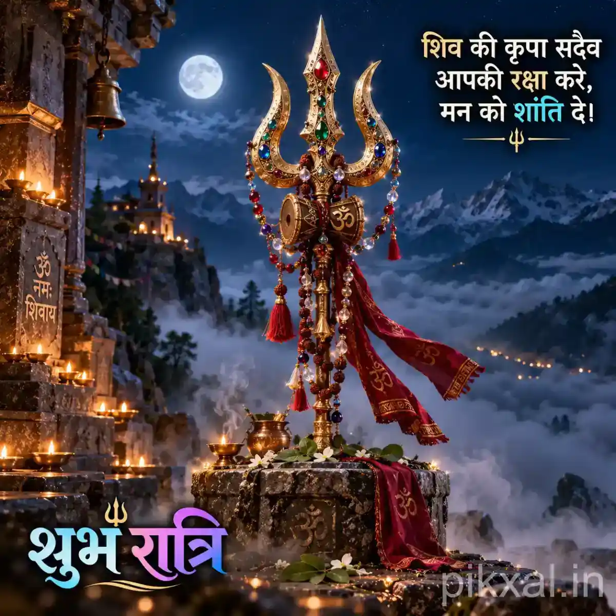 Sacred trishul decorated with red cloth and rudraksha beads overlooking a misty mountain temple