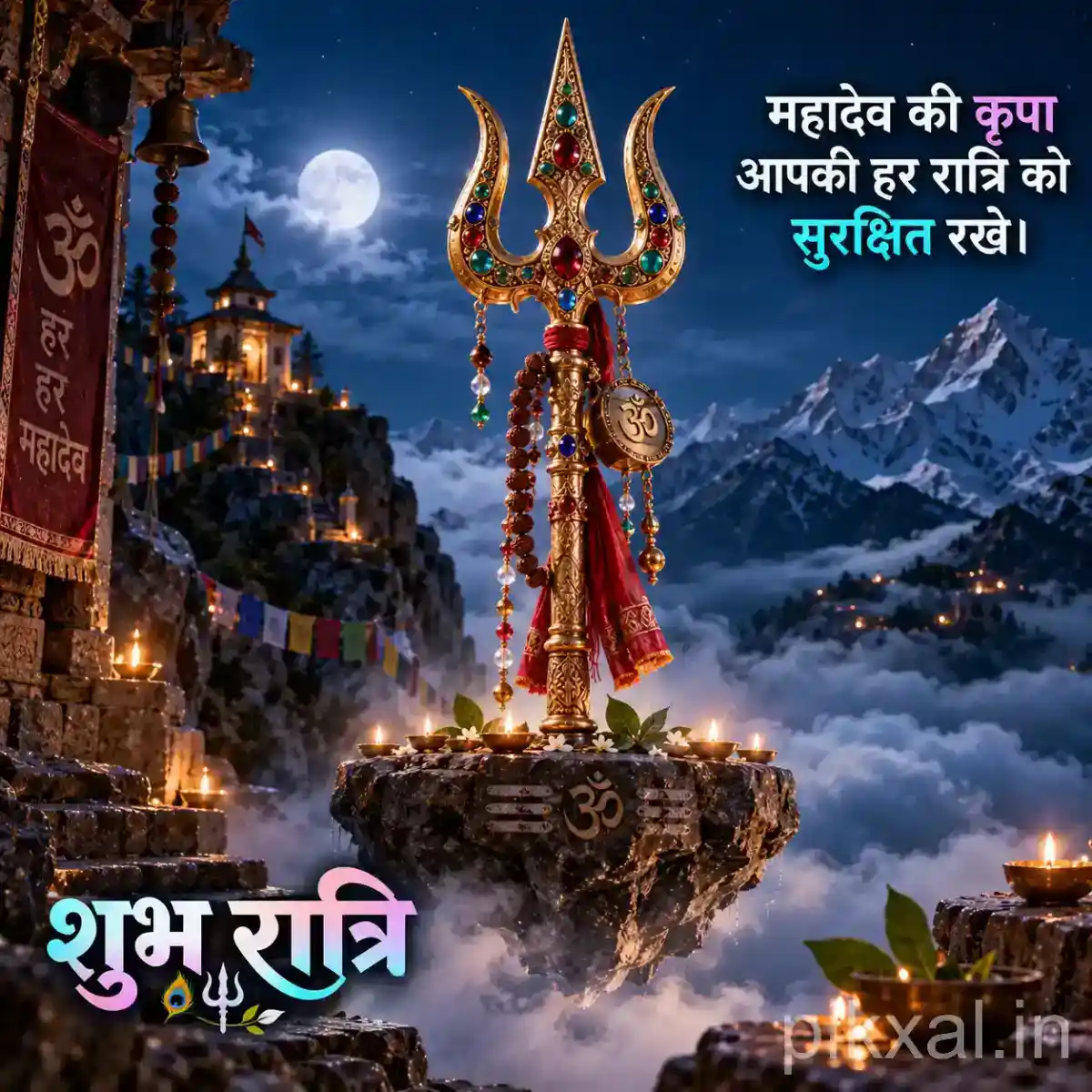 Golden trishul shrine rising above clouds with a moonlit Himalayan temple landscape