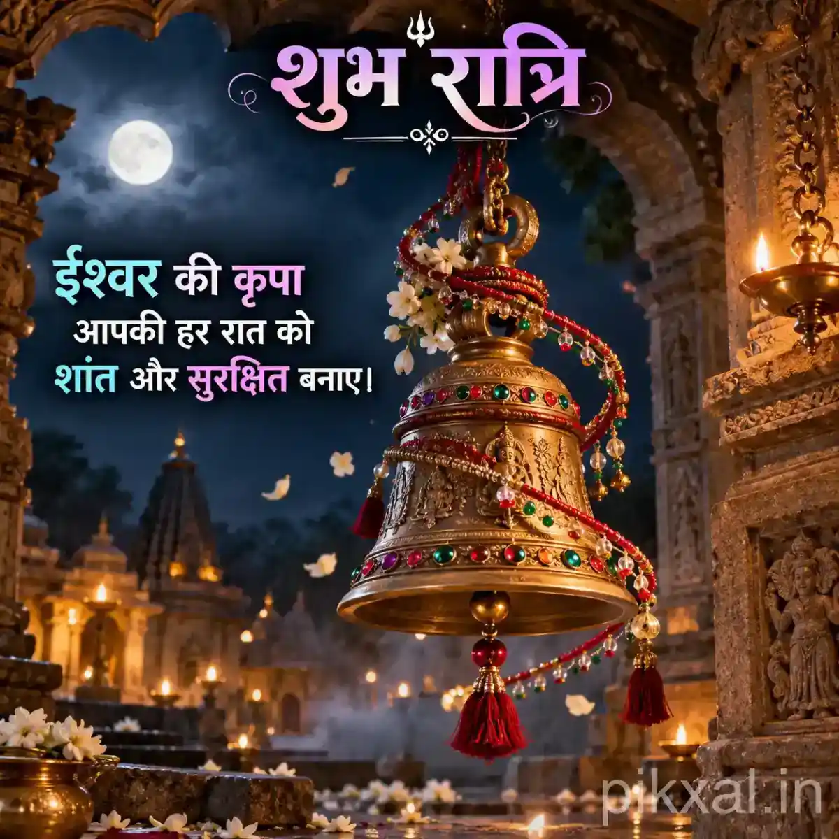 Large golden temple bell wrapped with spiraling rudraksha beads and red tassels in a devotional setting