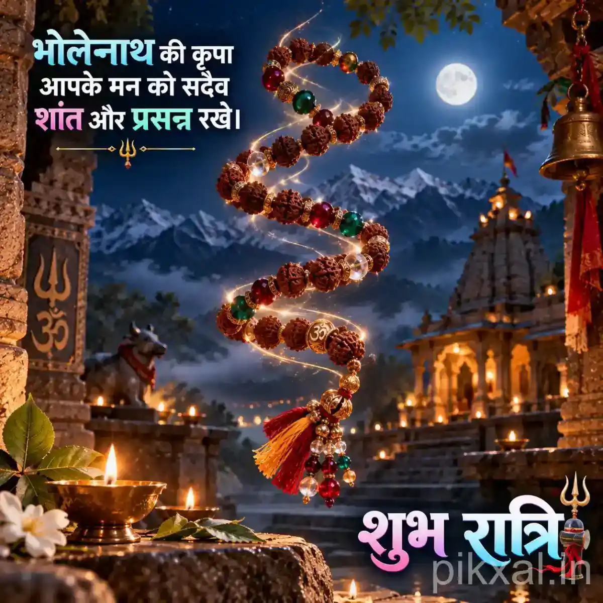 Rudraksha beads forming a spiral around a sacred temple pillar with flowers and warm oil lamps