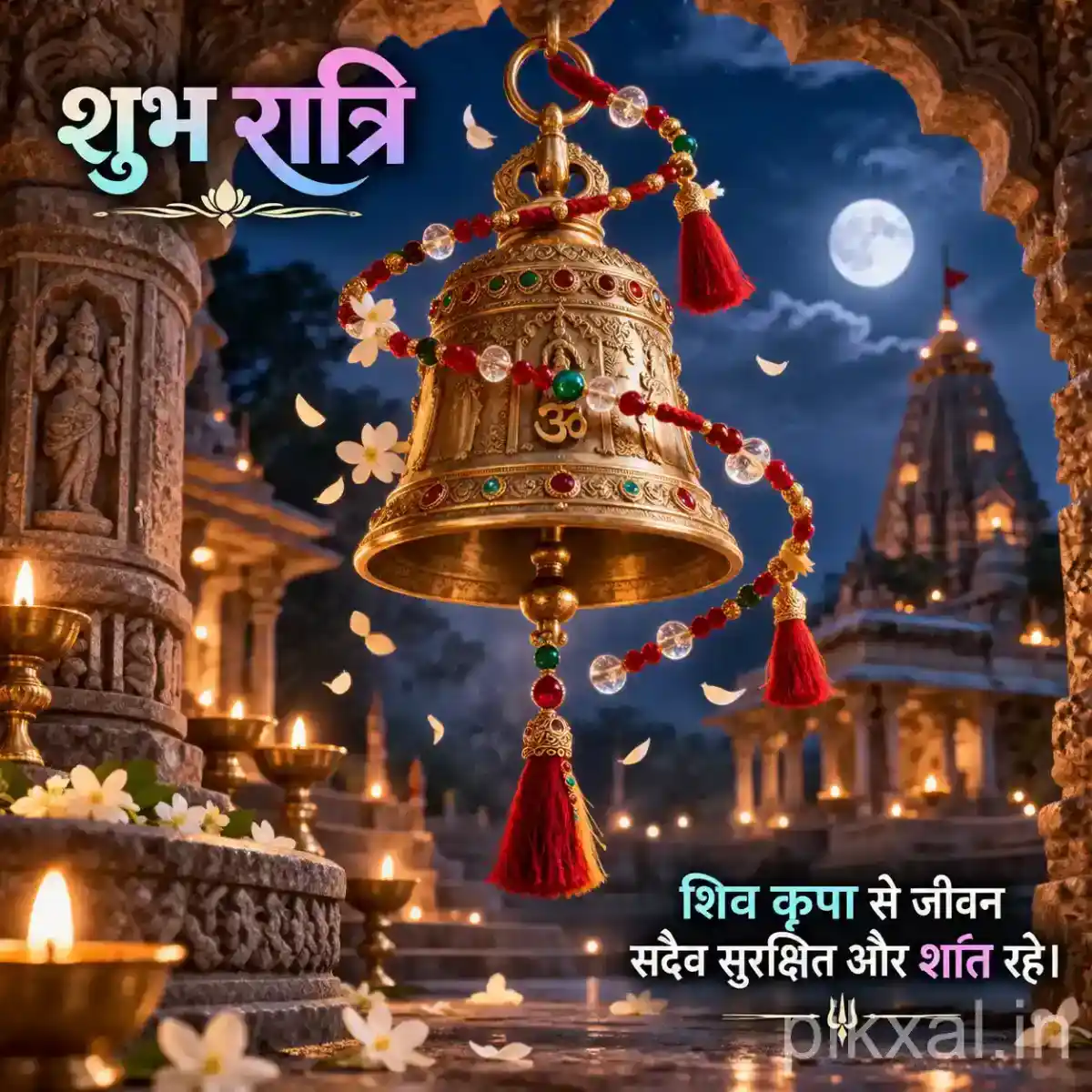 Ornate golden temple bell decorated with colorful beads and red tassels beneath a bright full moon