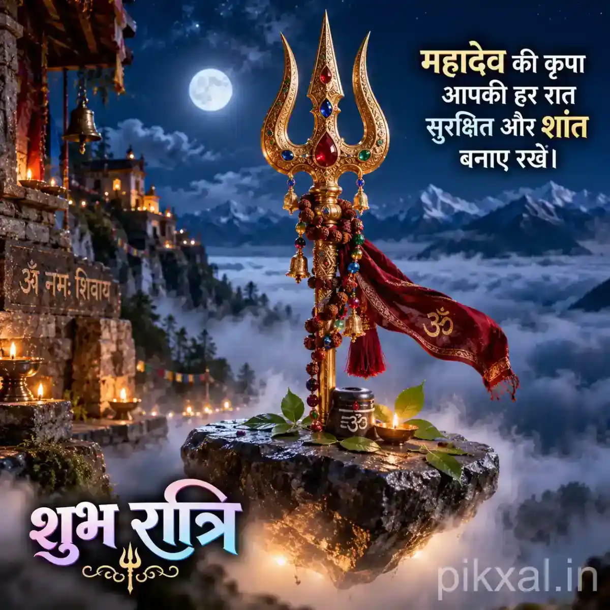 Sacred trishul decorated with red cloth standing above a mountain temple surrounded by glowing lamps