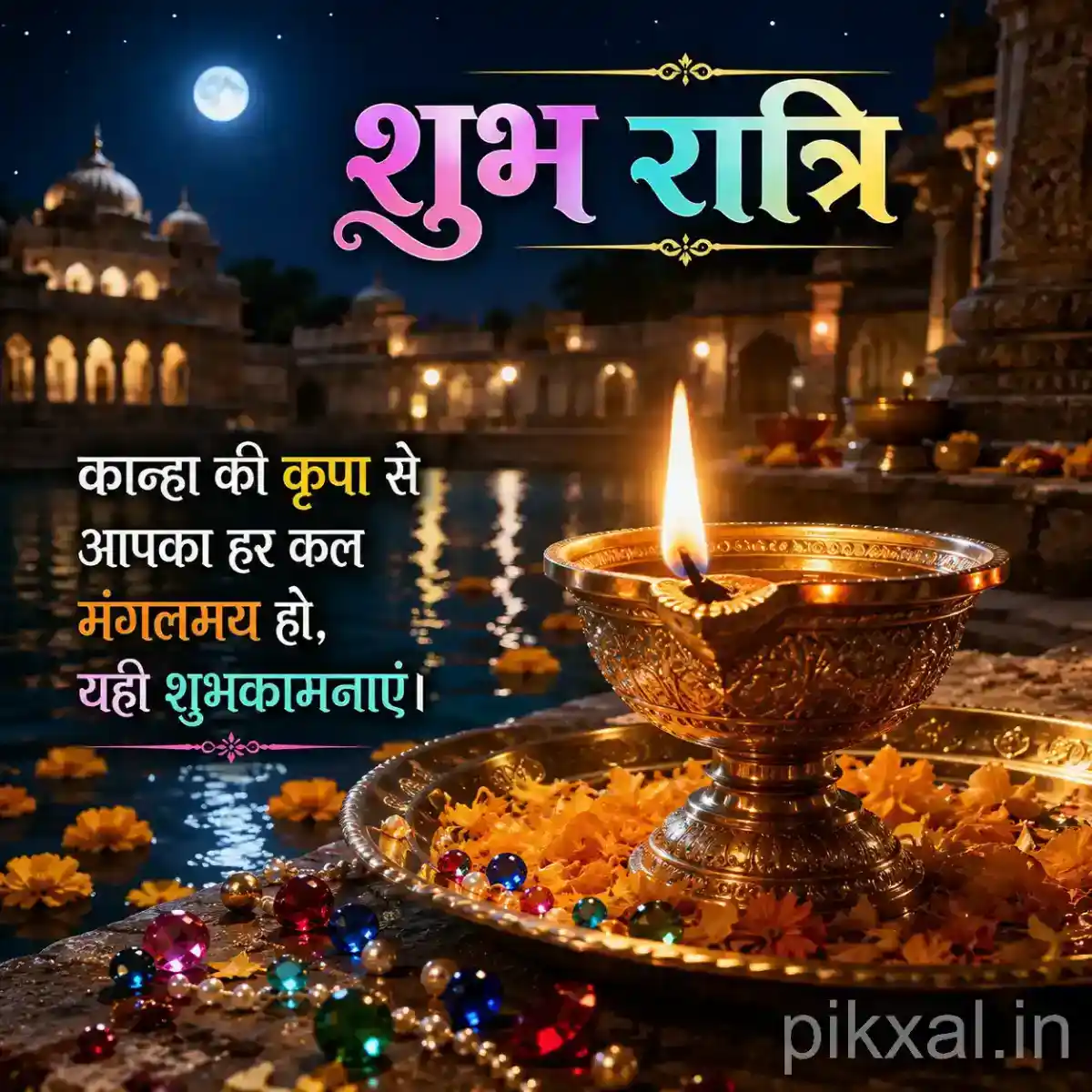 Spiritual Good Night Images featuring a glowing brass diya, marigold flowers and a peaceful moonlit temple