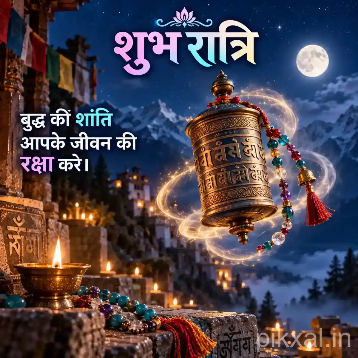 Floating temple bell with glowing spiritual rings, rudraksha beads and a peaceful moonlit mountain backdrop